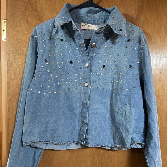 NWOT Jean Jacket Gems on the front W/ Button Down Front  Womens Large - Picture 1 of 12